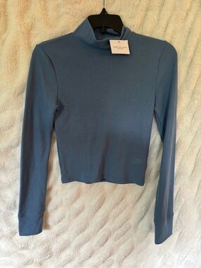 American Eagle Outfitters Dusty Blue Ribbed Mock Neck Long Sleeve Top